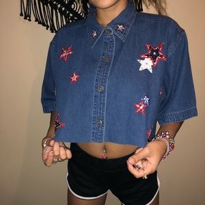 Denim, stars embroidered, refurbished crop top